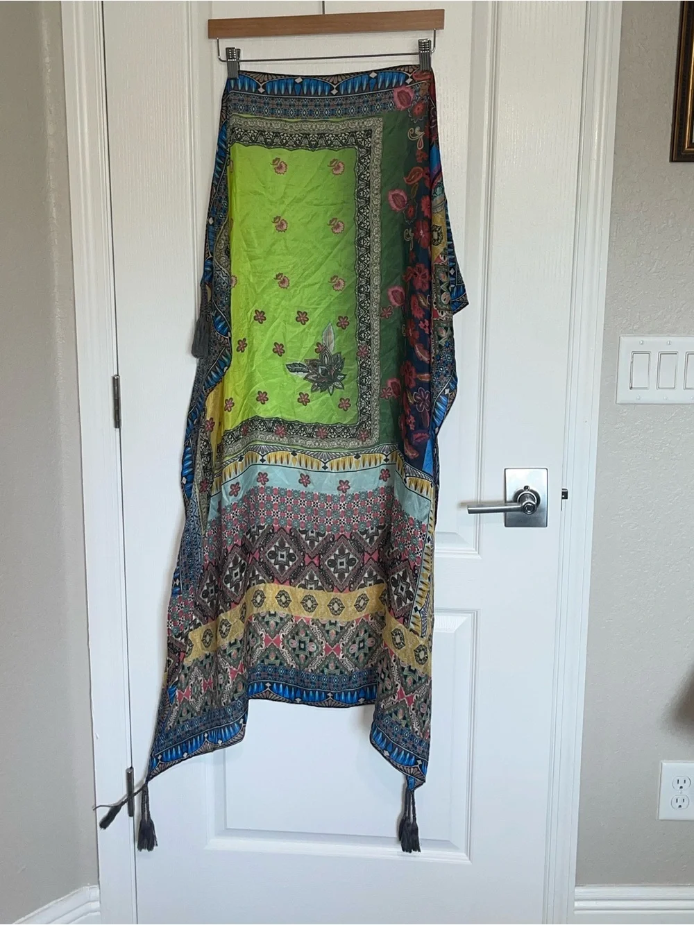 JOHNNY WAS Cozumel Scarf Flowers Silk Square Floral Green Multicolor Tassel 44”